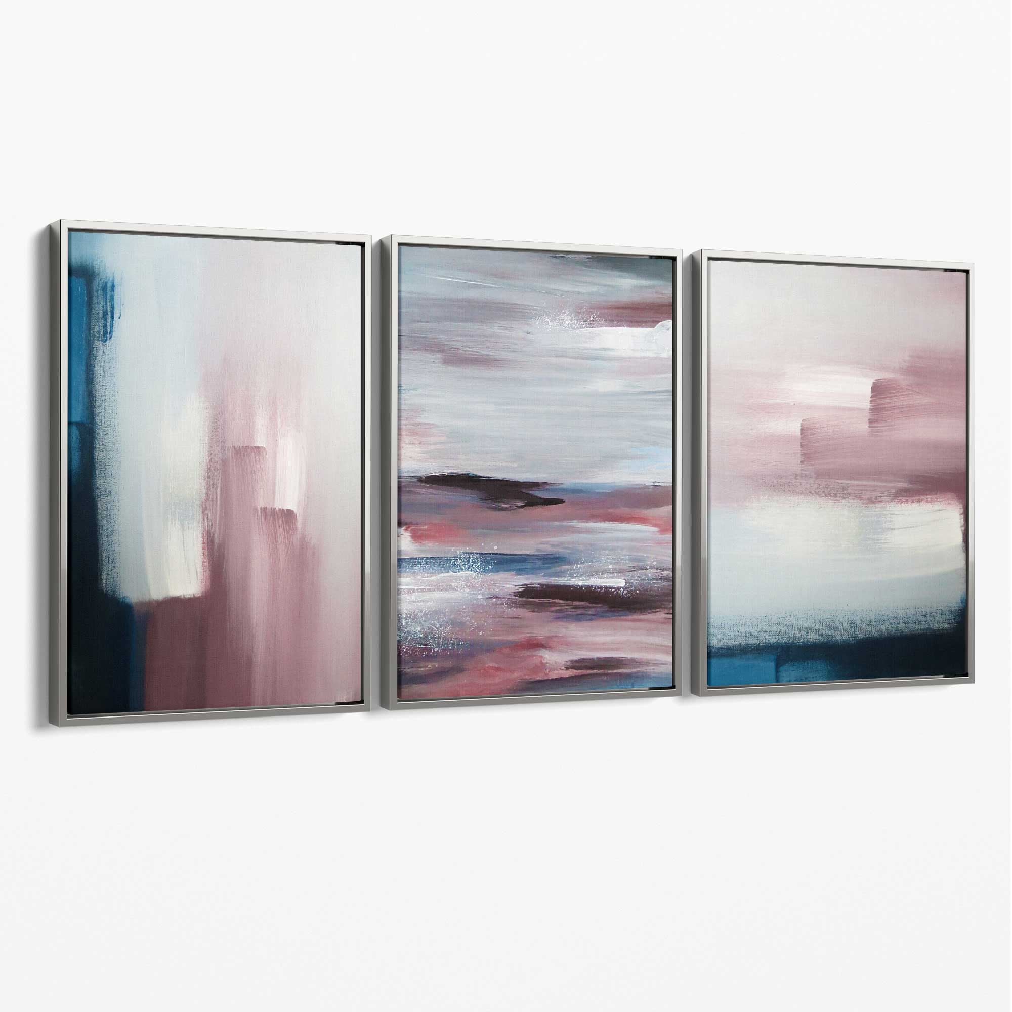 Set of 3 Navy & Blush Pink Abstract  Canvas Art Prints with Silver Float Frame