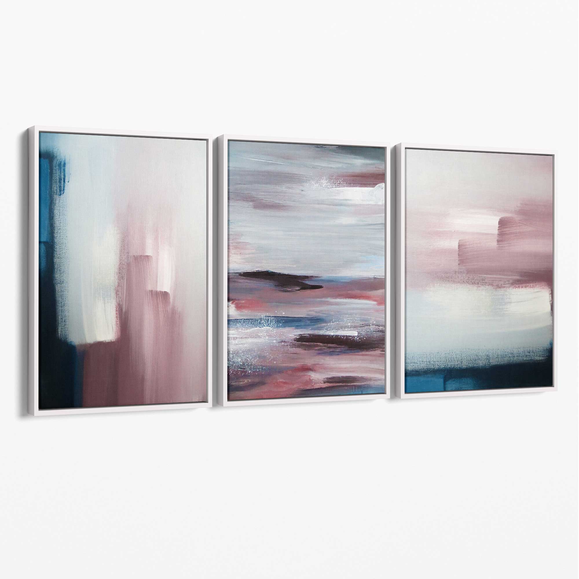 Set of 3 Navy & Blush Pink Abstract  Canvas Art Prints with White Float Frame