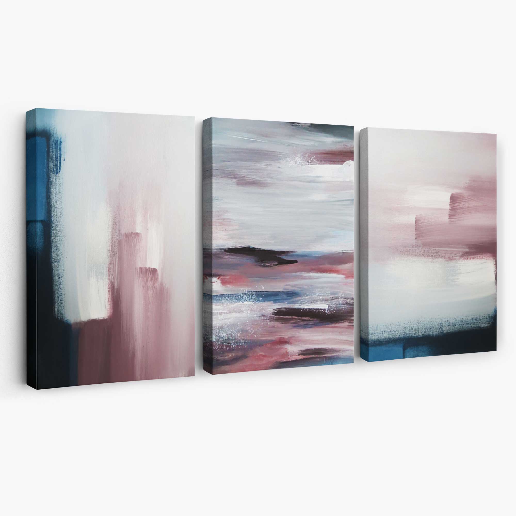 Set of 3 Navy & Blush Pink Abstract  Canvas Art Prints | Artze Wall Art