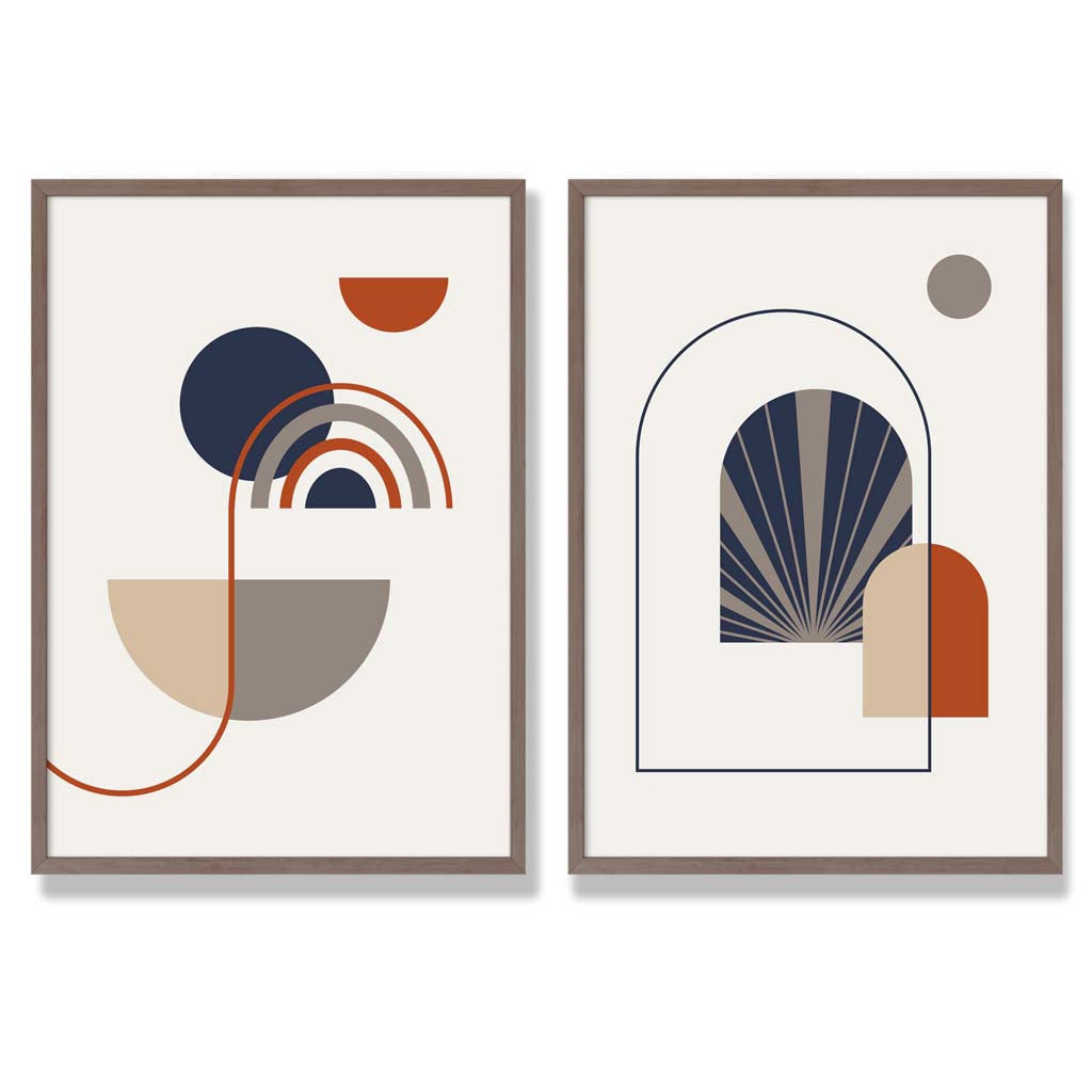 Sage Green Geometric Pineapple Fruit Set of 2 Art Prints with Walnut Frame