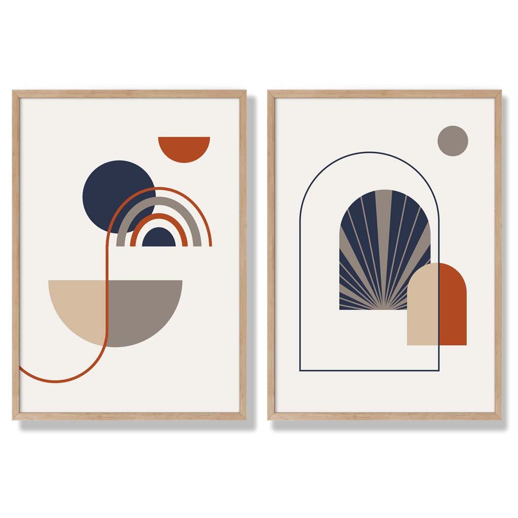 Sage Green Geometric Pineapple Fruit Set of 2 Art Prints with Oak Frame