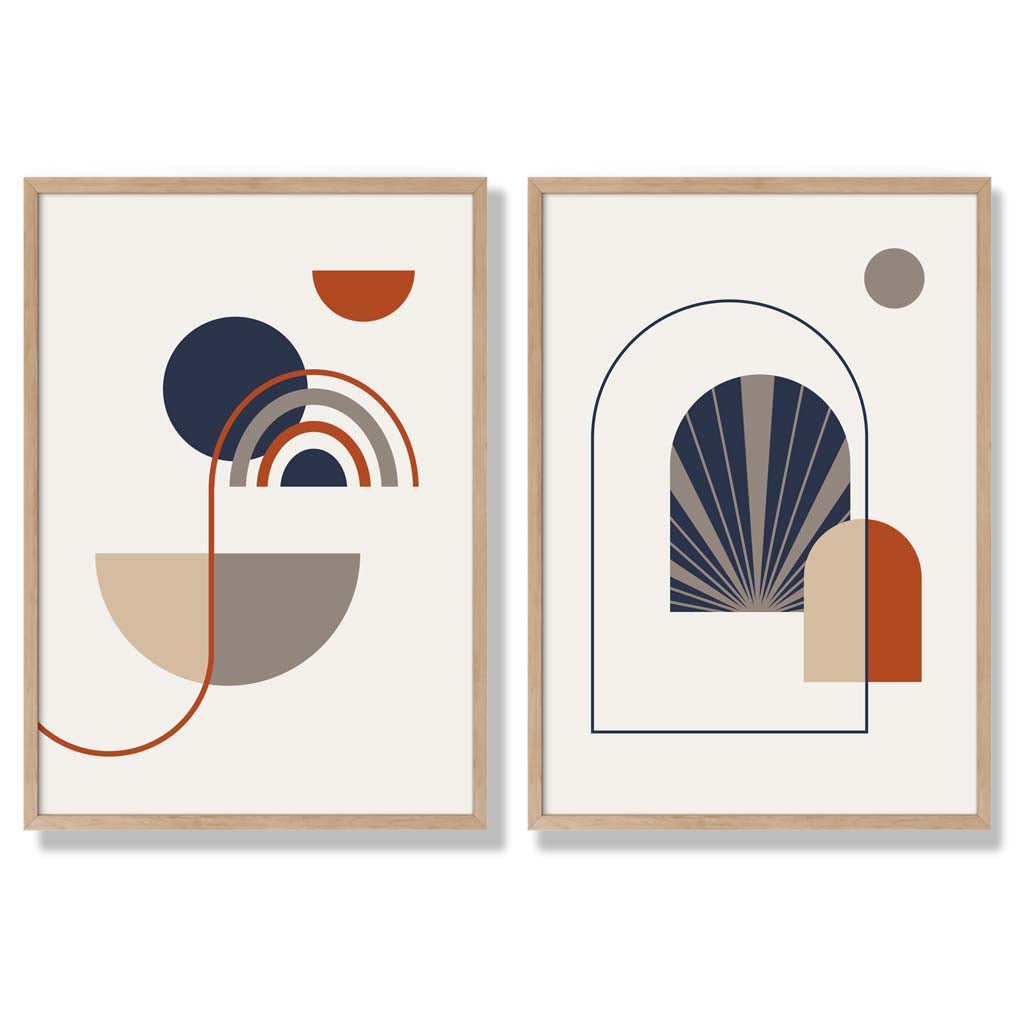 Sage Green Geometric Pineapple Fruit Set of 2 Art Prints with Oak Frame