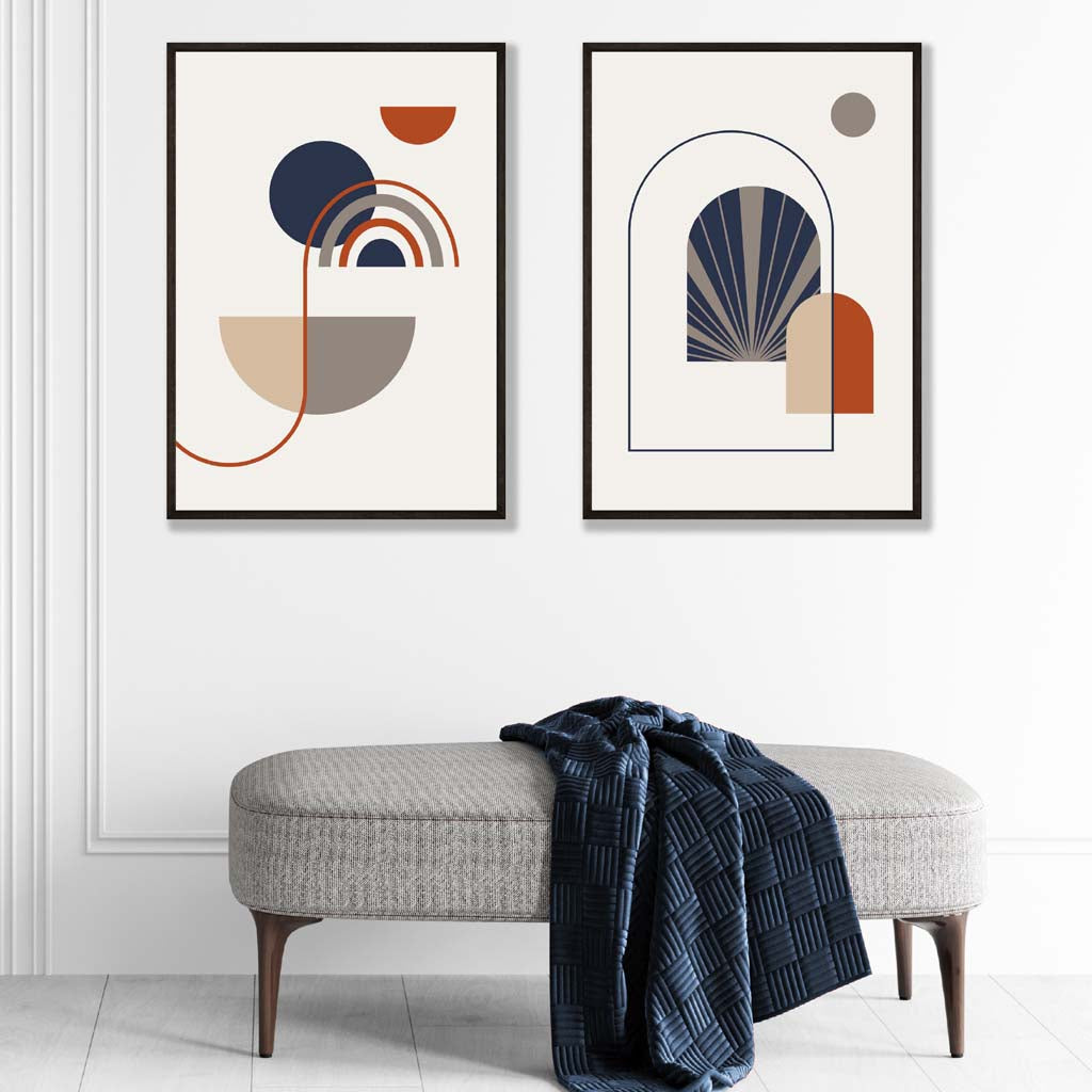 Framed Set of 2 Mid Century Navy Beige Geometric Art Prints | Artze Wall Art UK