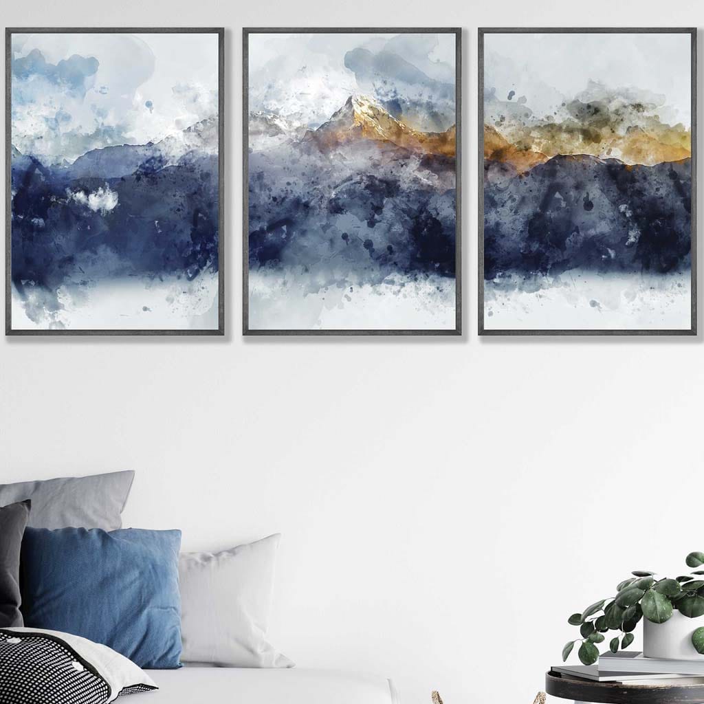 Set of 3 Abstract Art Prints of Paintings Navy Blue Yellow Golden Mountains