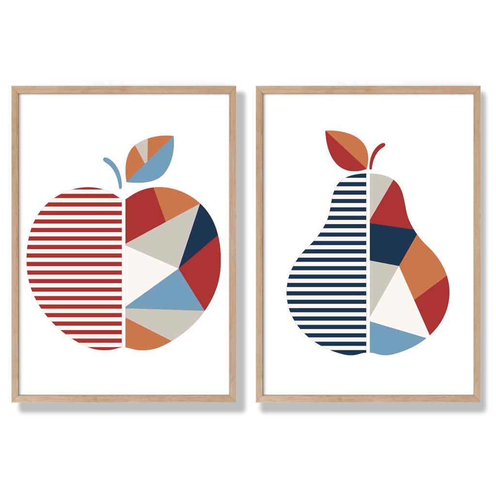 Sage Green Geometric Pineapple Fruit Set of 2 Art Prints with Oak Frame