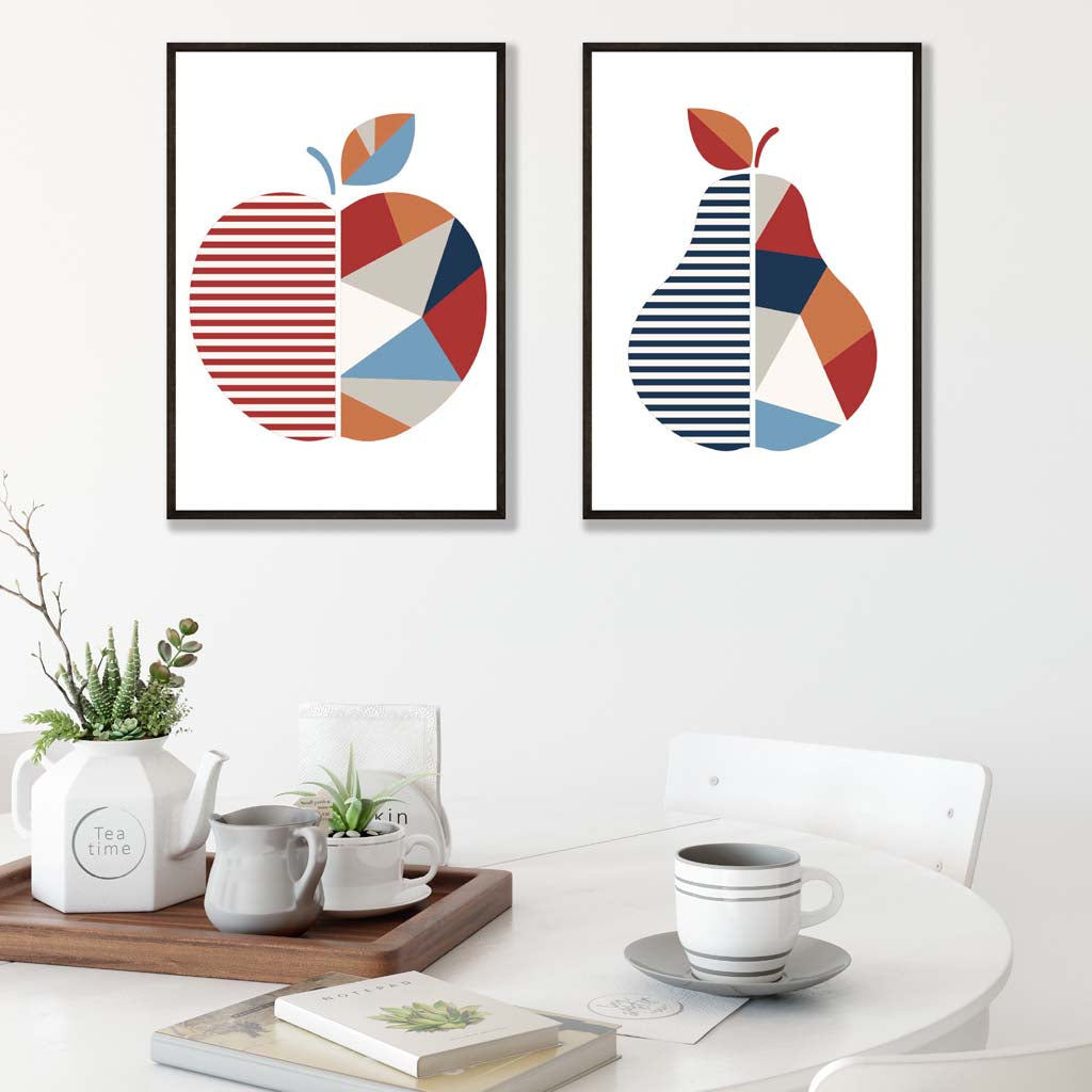Blue and Orange Geometric Apple Fruit Posters | Artze Wall Art UK