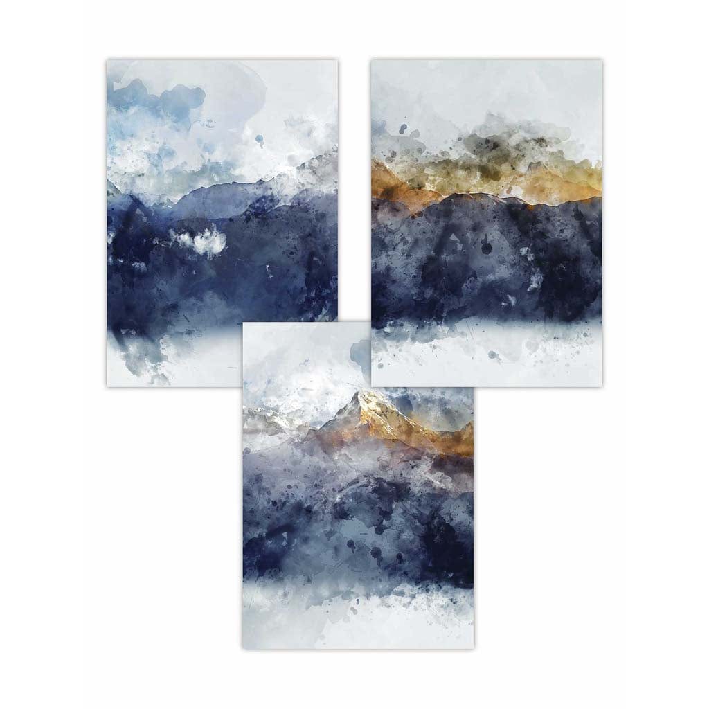 Set of 3 Abstract Art Prints of Paintings Navy Blue Yellow Golden Mountains