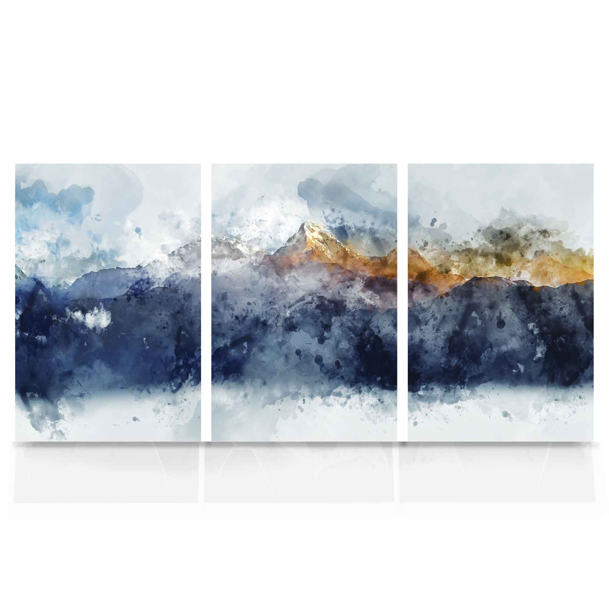 Set of 3 Abstract Art Prints of Paintings Navy Blue Yellow Golden Mountains