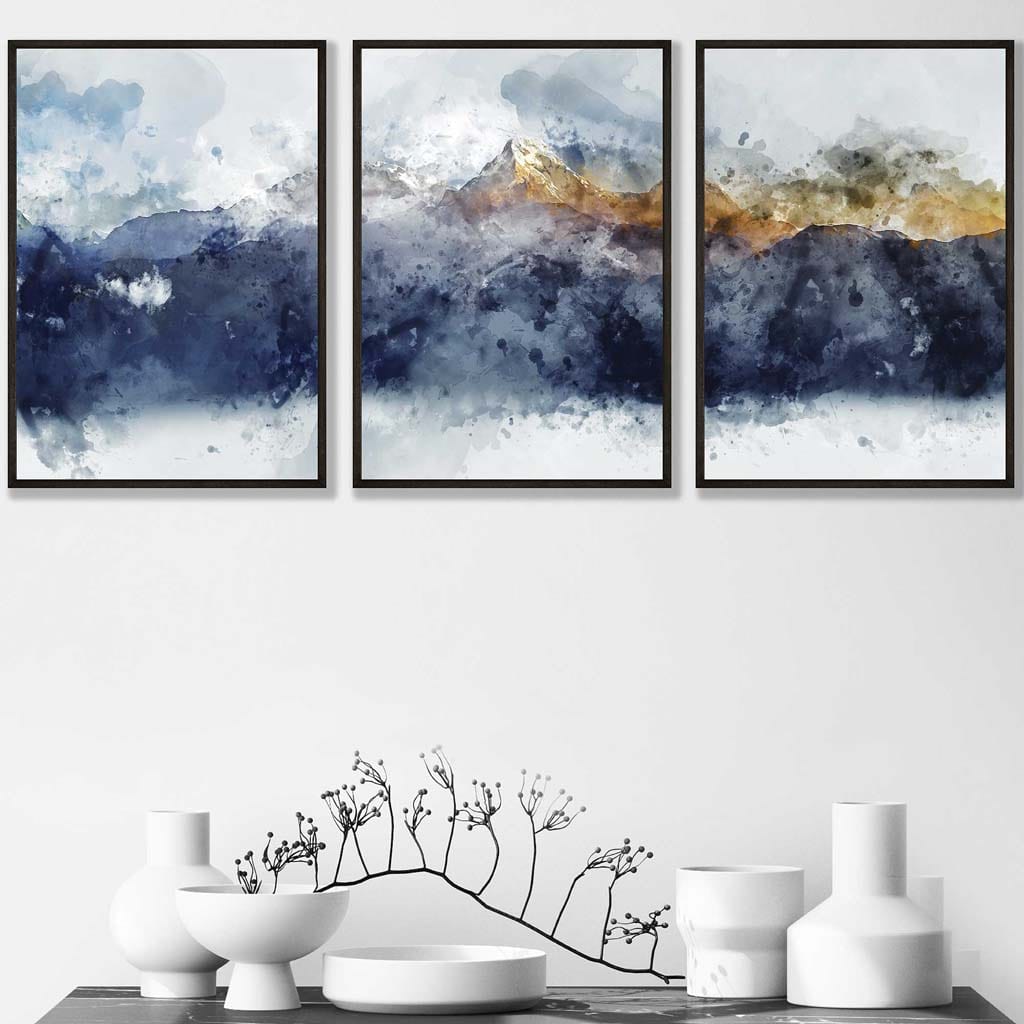 Set of 3 Abstract Art Prints of Paintings Navy Blue Yellow Golden Mountains