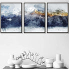 Set of 3 Abstract Art Prints of Paintings Navy Blue Yellow Golden Mountains