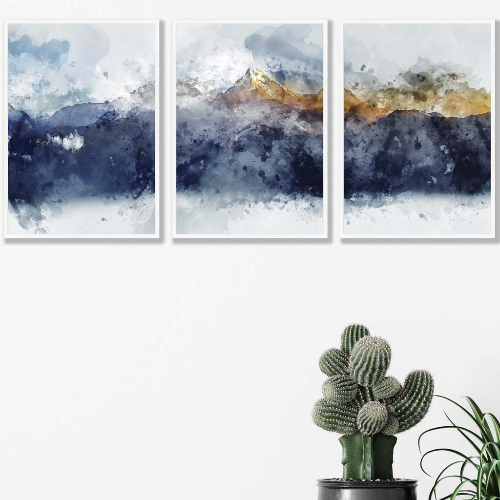 Set of 3 Abstract Art Prints of Paintings Navy Blue Yellow Golden Mountains