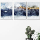 Set of 3 Abstract Art Prints of Paintings Navy Blue Yellow Golden Mountains