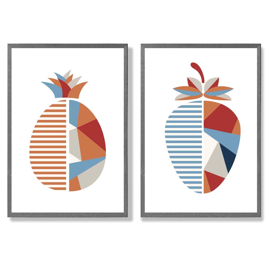 Sage Green Geometric Pineapple Fruit Set of 2 Art Prints with Dark Grey Frame