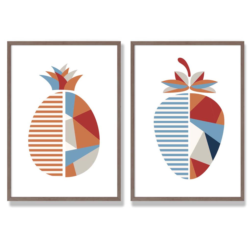 Sage Green Geometric Pineapple Fruit Set of 2 Art Prints with Walnut Frame