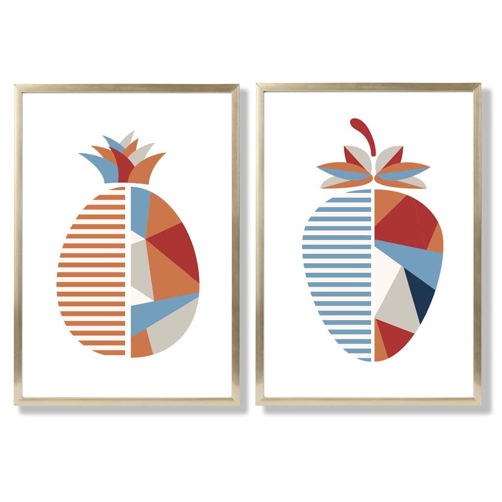 Sage Green Geometric Pineapple Fruit Set of 2 Art Prints with Gold Frame