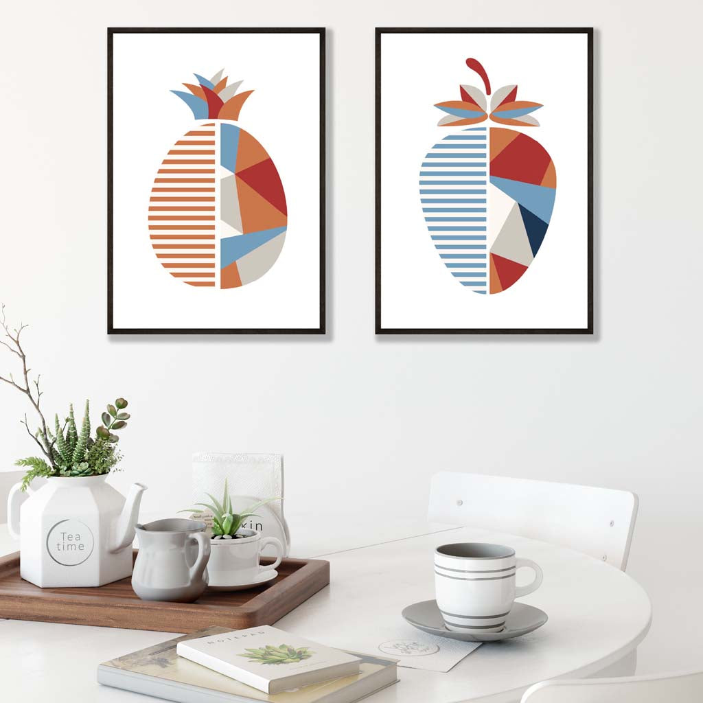 Blue Orange Geometric Strawberry Fruit Posters | Artze Wall Art UK