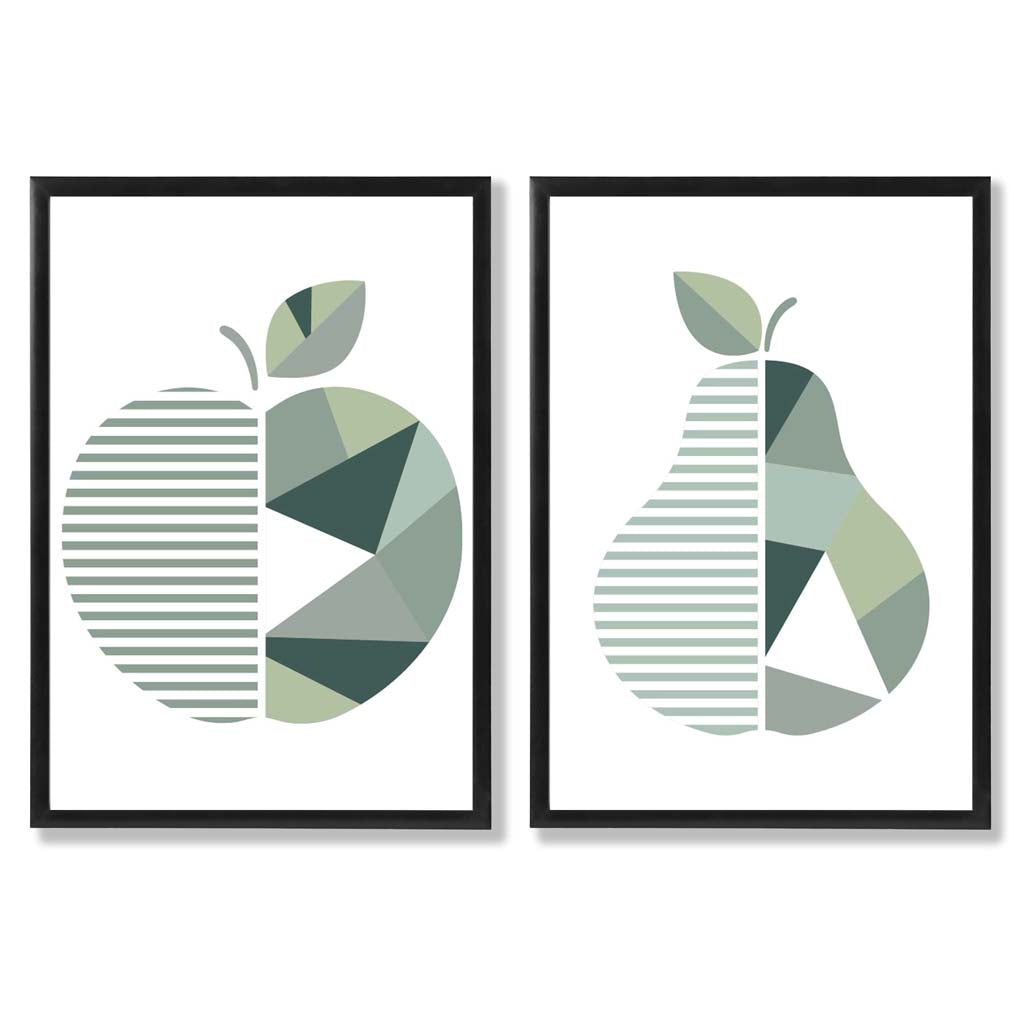 Sage Green Geometric Pineapple Fruit Set of 2 Art Prints with Black Frame