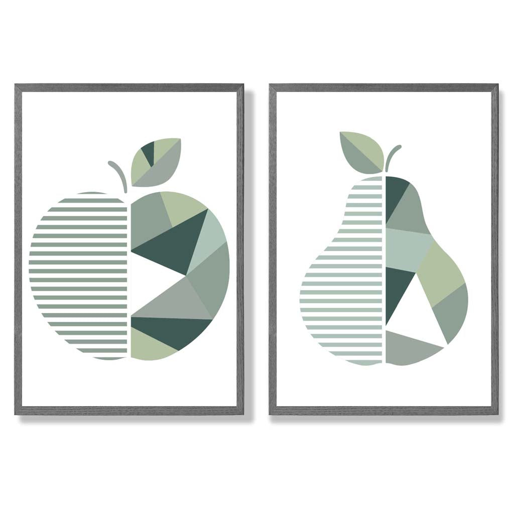 Sage Green Geometric Pineapple Fruit Set of 2 Art Prints with Dark Grey Frame