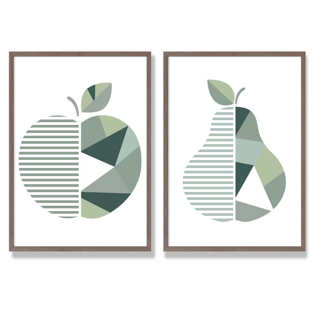 Sage Green Geometric Pineapple Fruit Set of 2 Art Prints with Walnut Frame