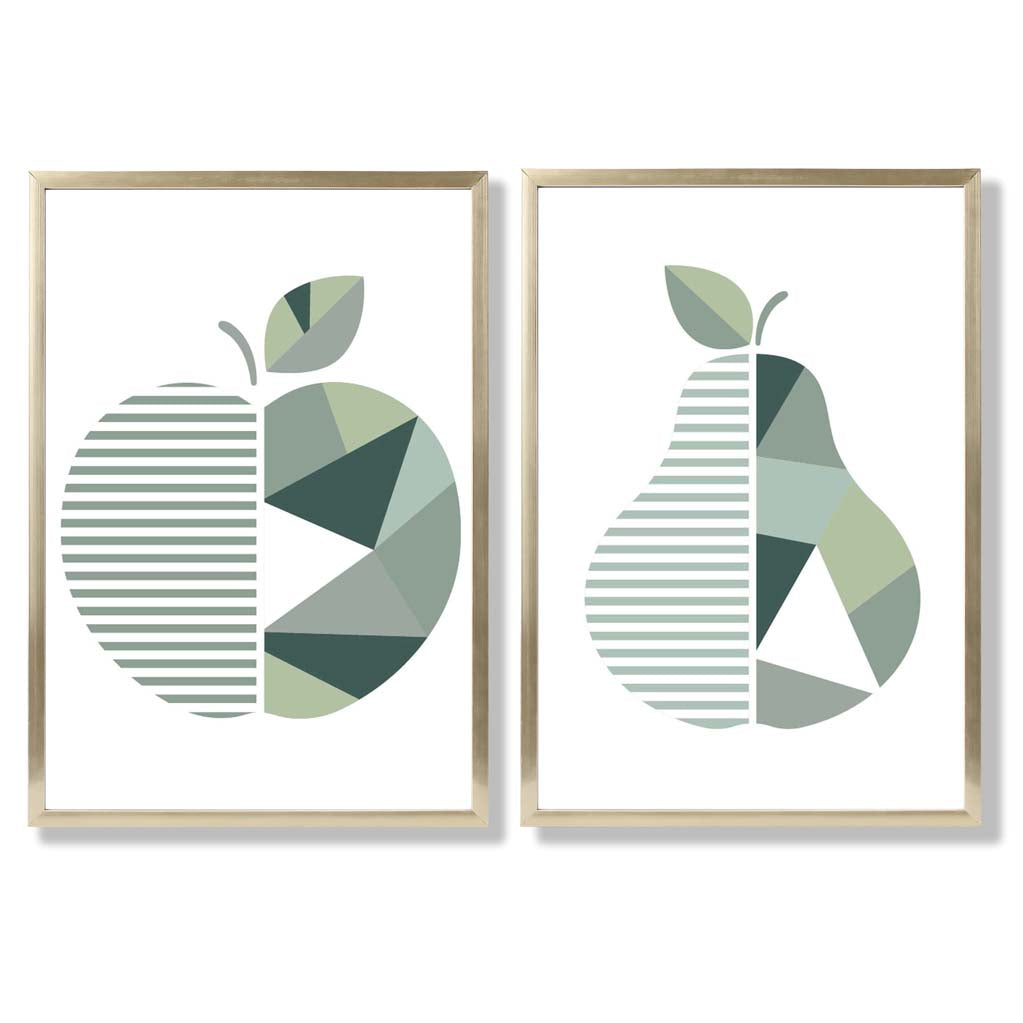 Sage Green Geometric Pineapple Fruit Set of 2 Art Prints with Gold Frame