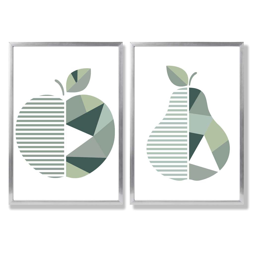 Sage Green Geometric Pineapple Fruit Set of 2 Art Prints with Silver Frame