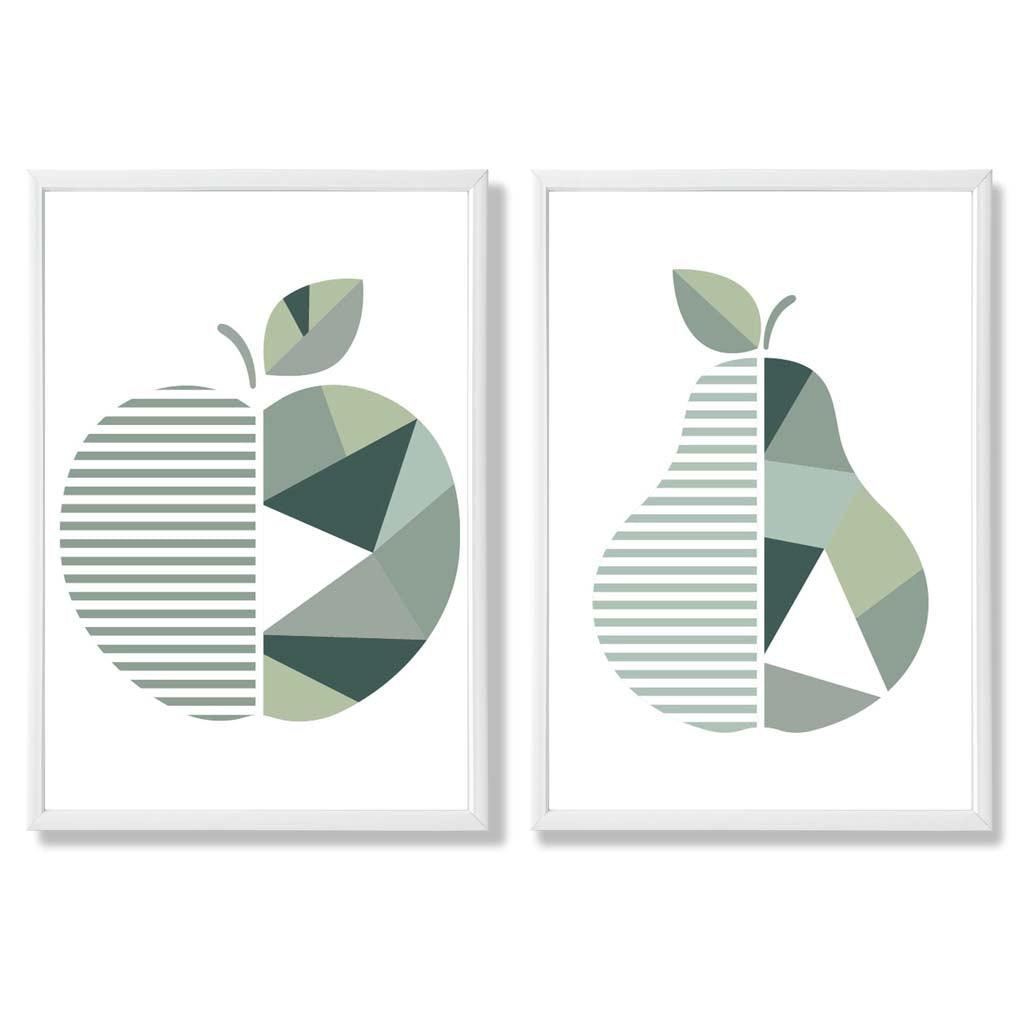 Sage Green Geometric Pineapple Fruit Set of 2 Art Prints with White Frame