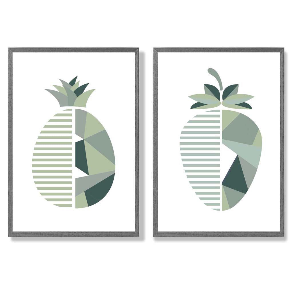 Sage Green Geometric Pineapple Fruit Set of 2 Art Prints with Dark Grey Frame