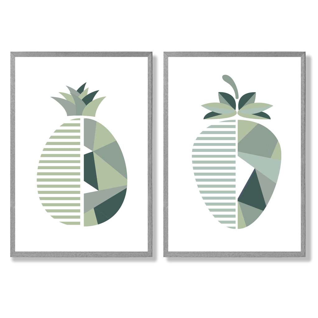 Sage Green Geometric Pineapple Fruit Set of 2 Art Prints with Light Grey Frame