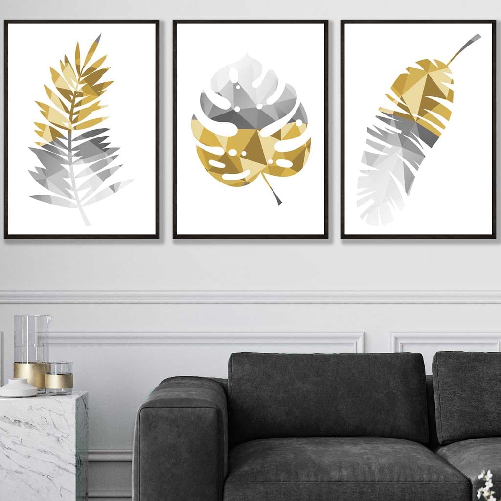 GEOMETRIC set of 3 YELLOW & Grey Art Prints Tropical LEAVES Botanical
