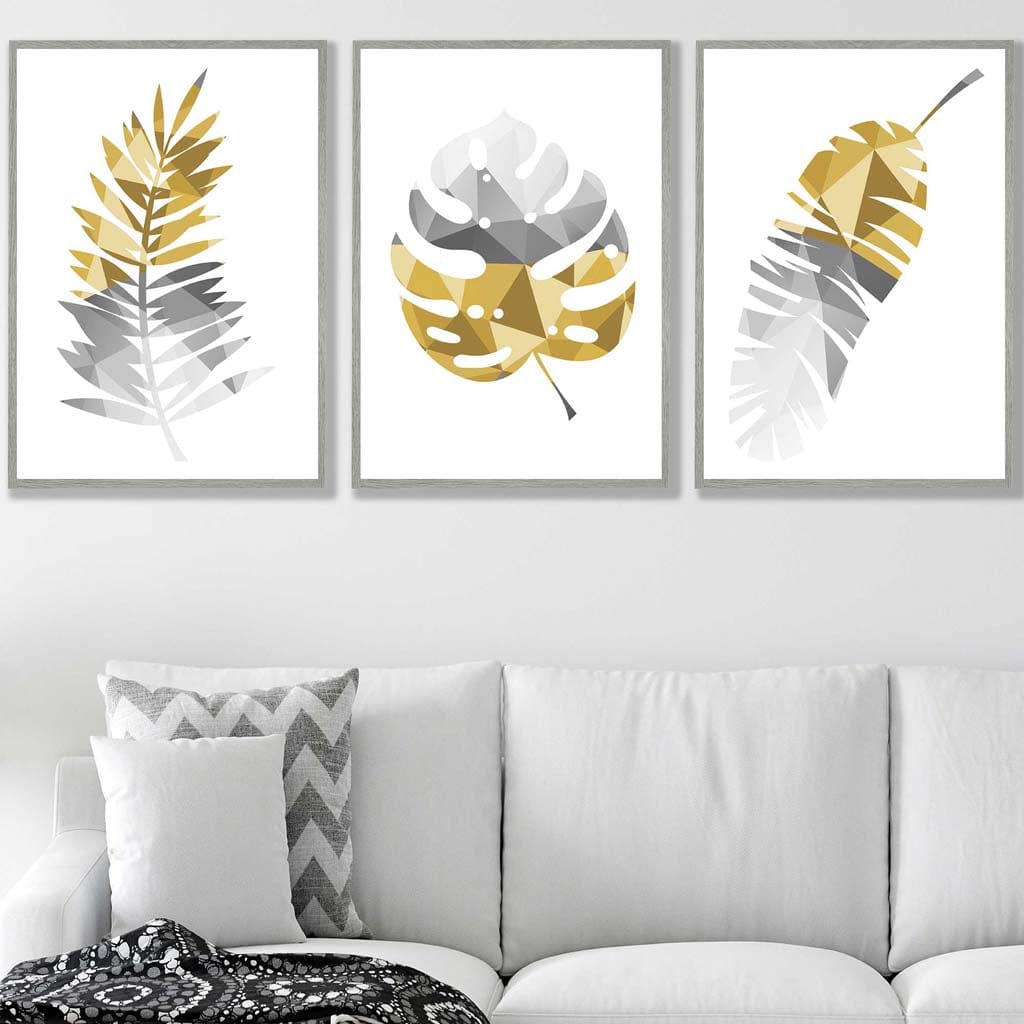 GEOMETRIC set of 3 YELLOW & Grey Art Prints Tropical LEAVES Botanical