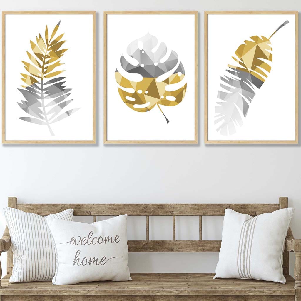 GEOMETRIC set of 3 YELLOW & Grey Art Prints Tropical LEAVES Botanical