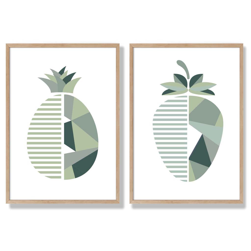 Sage Green Geometric Pineapple Fruit Set of 2 Art Prints with Oak Frame