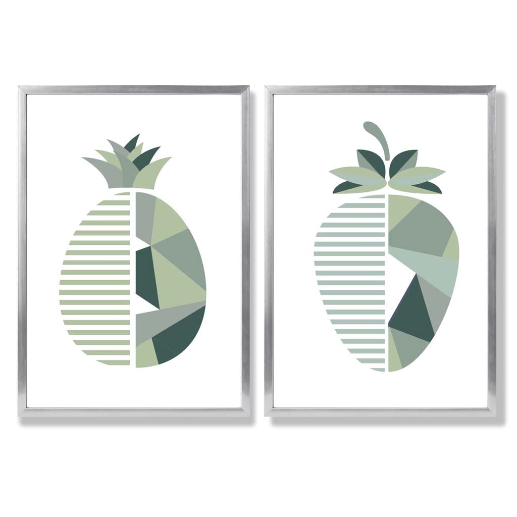 Sage Green Geometric Pineapple Fruit Set of 2 Art Prints with Silver Frame