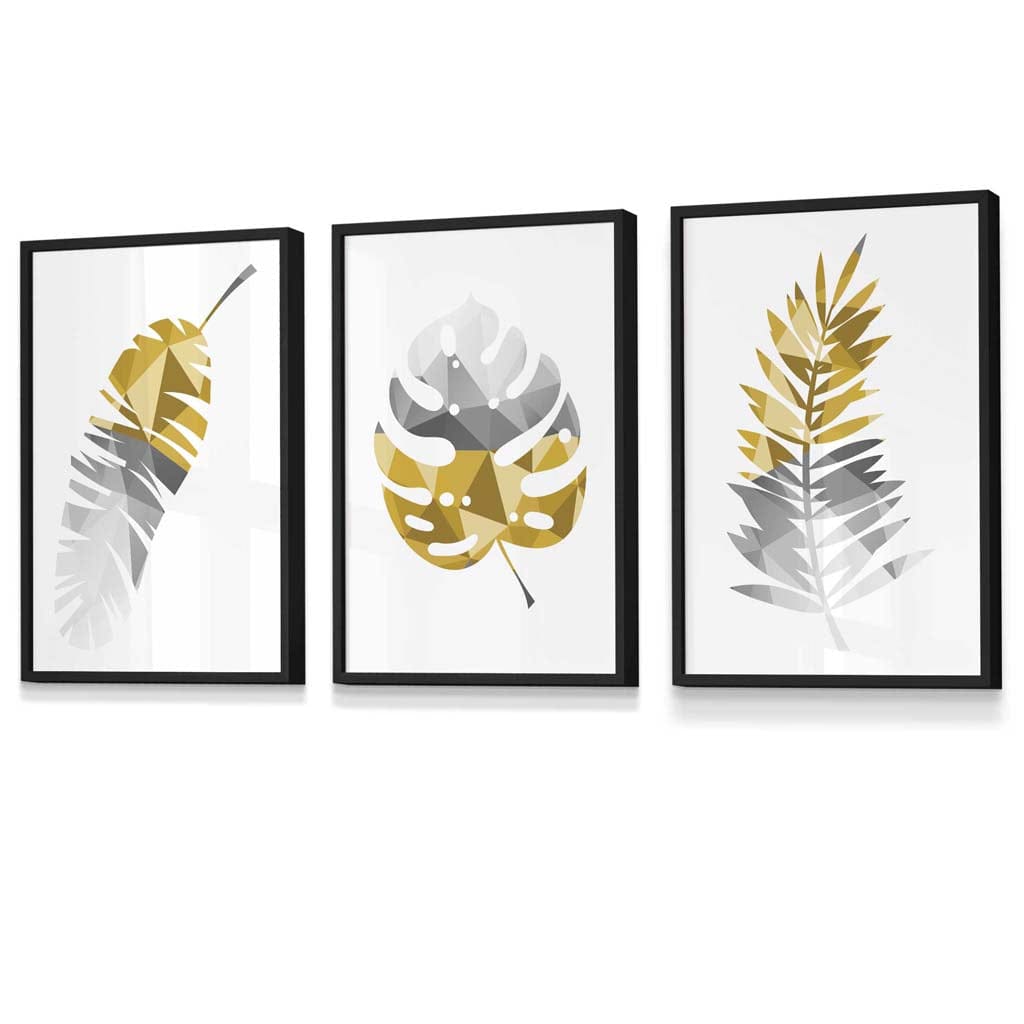 Set of 3 Geometric Yellow Grey Tropical Leaves Wall Art Framed / Prints | Artze Wall Art UK