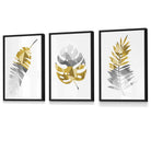 Set of 3 Geometric Yellow Grey Tropical Leaves Wall Art Framed / Prints | Artze Wall Art UK