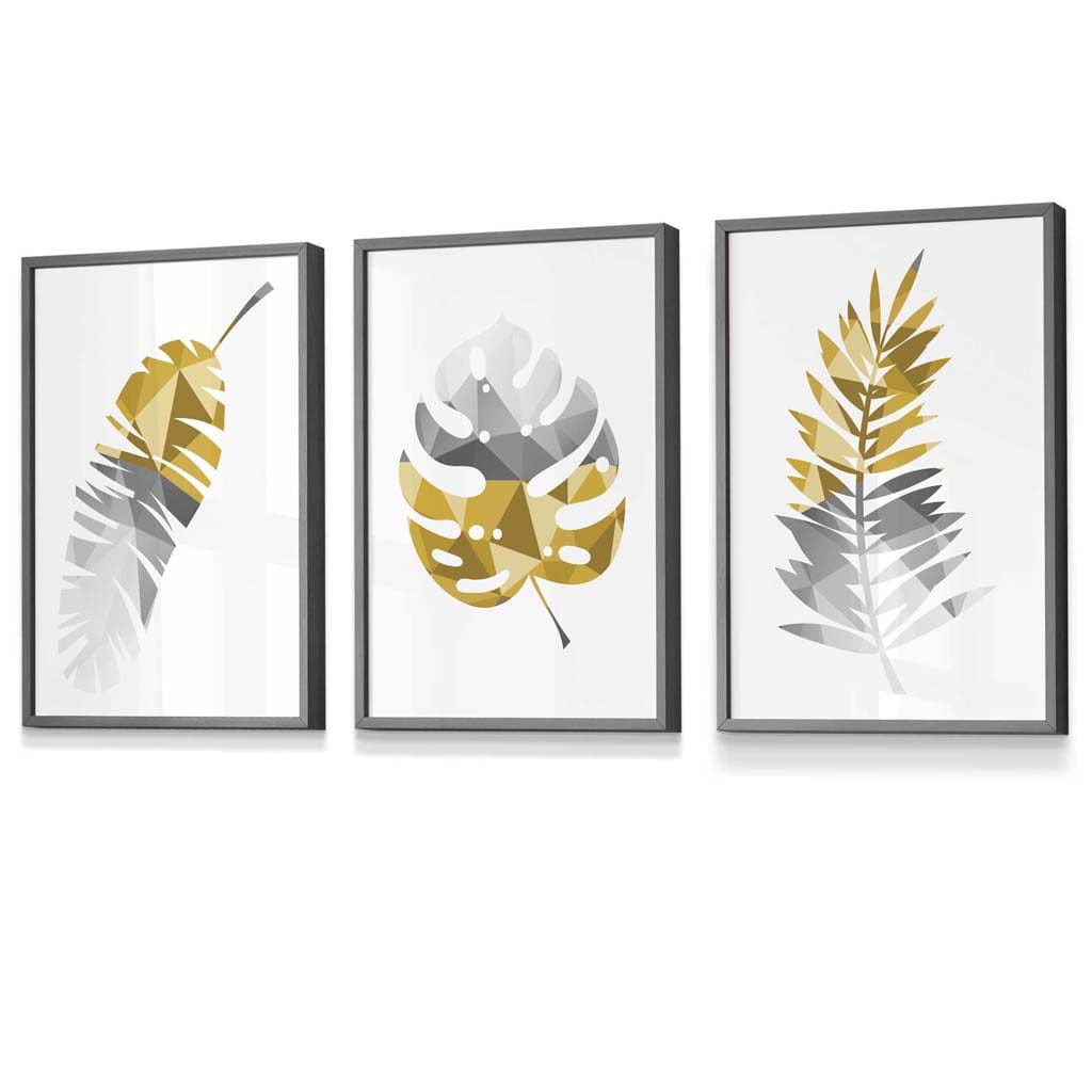 Set of 3 Geometric Yellow Grey Tropical Leaves Wall Art Framed / Prints | Artze Wall Art UK