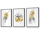 Set of 3 Geometric Yellow Grey Tropical Leaves Wall Art Framed / Prints | Artze Wall Art UK