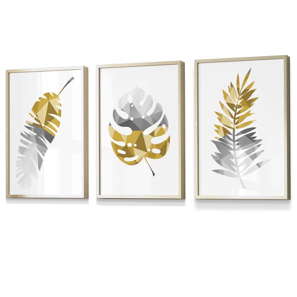Set of 3 Geometric Yellow Grey Tropical Leaves Wall Art Framed / Prints | Artze Wall Art UK