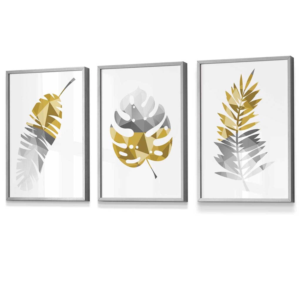 Set of 3 Geometric Yellow Grey Tropical Leaves Wall Art Framed / Prints | Artze Wall Art UK