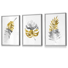 Set of 3 Geometric Yellow Grey Tropical Leaves Wall Art Framed / Prints | Artze Wall Art UK