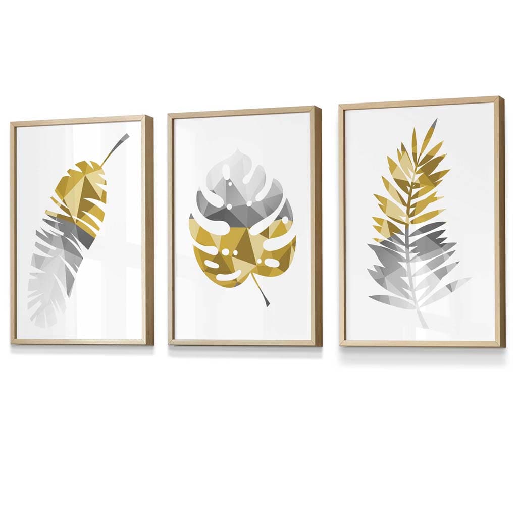 Set of 3 Geometric Yellow Grey Tropical Leaves Wall Art Framed / Prints | Artze Wall Art UK