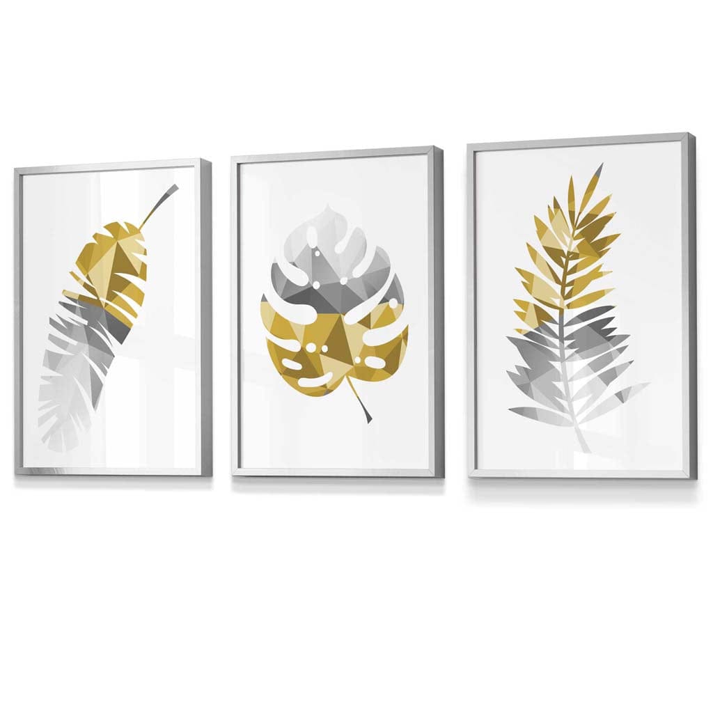 Set of 3 Geometric Yellow Grey Tropical Leaves Wall Art Framed / Prints | Artze Wall Art UK