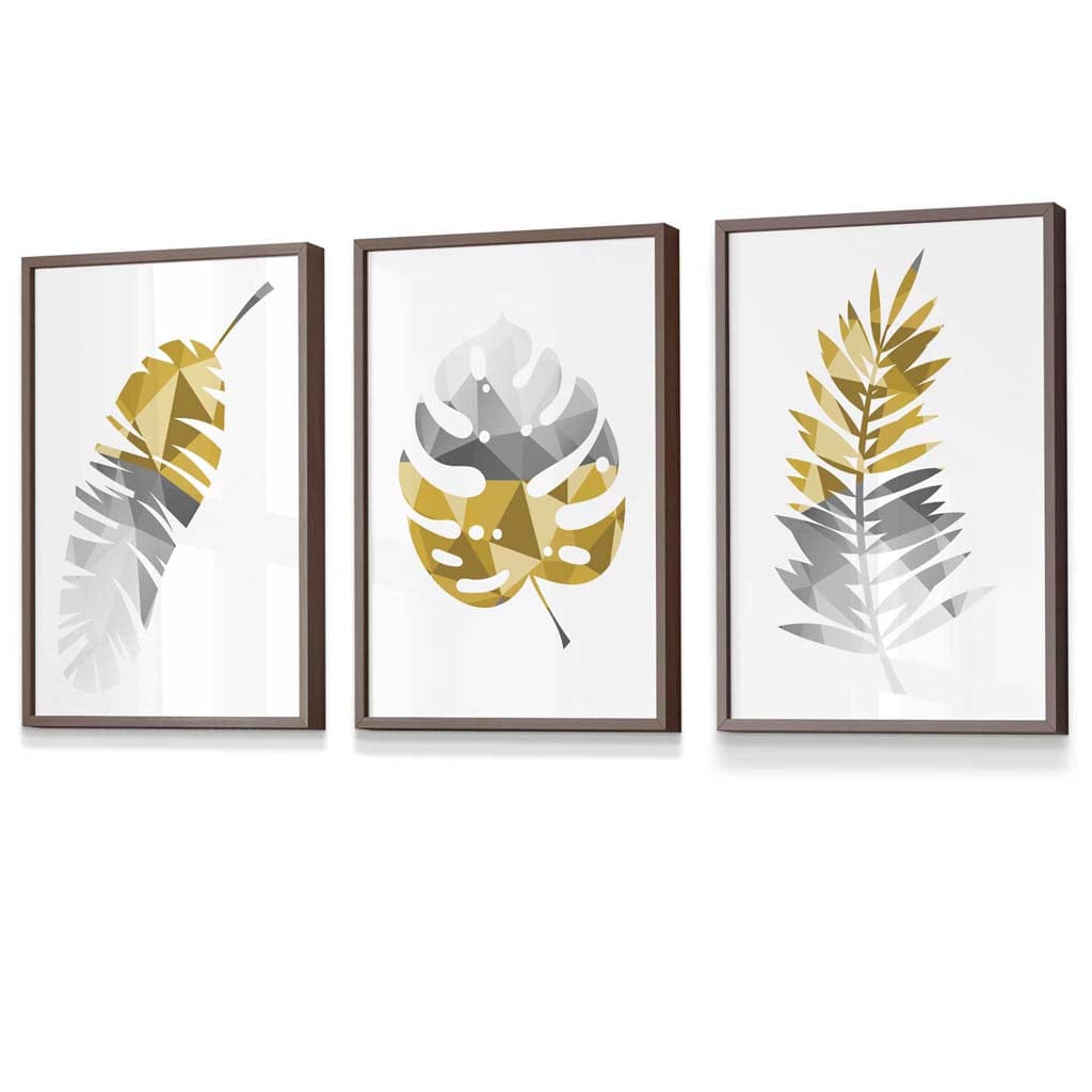 Set of 3 Geometric Yellow Grey Tropical Leaves Wall Art Framed / Prints | Artze Wall Art UK