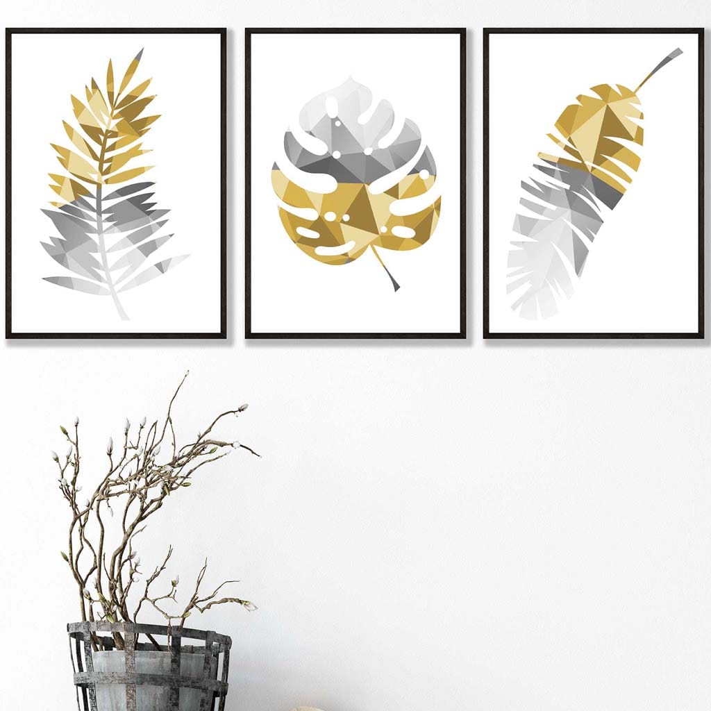 GEOMETRIC set of 3 YELLOW & Grey Art Prints Tropical LEAVES Botanical