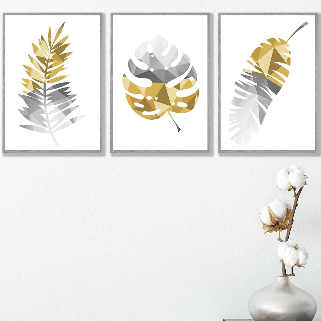 GEOMETRIC set of 3 YELLOW & Grey Art Prints Tropical LEAVES Botanical