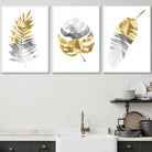 GEOMETRIC set of 3 YELLOW & Grey Art Prints Tropical LEAVES Botanical