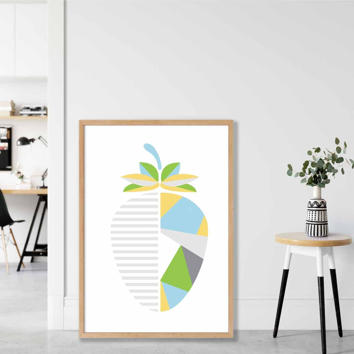 Geometric Fruit Poster of Strawberry in Yellow Blue Green