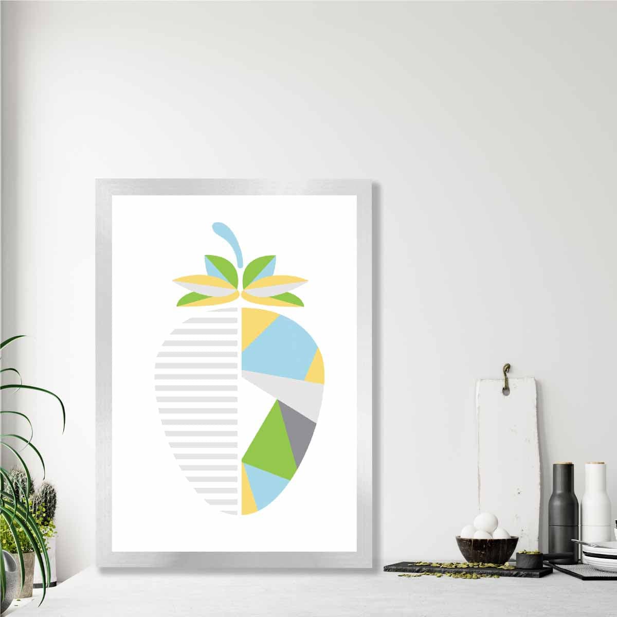 Geometric Fruit Poster of Strawberry in Yellow Blue Green