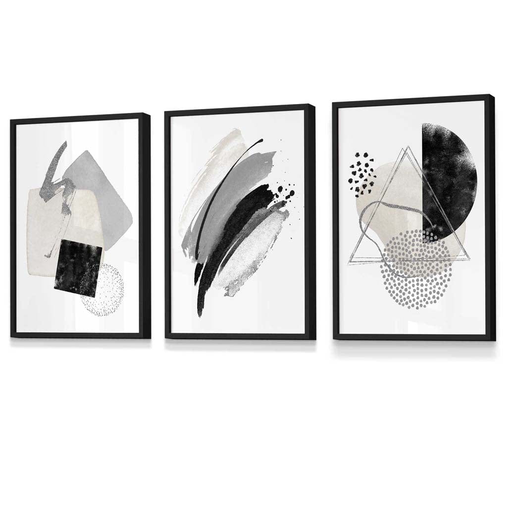 Abstract Grey Black and Silver Set of 3 Framed Wall Art Prints Artze