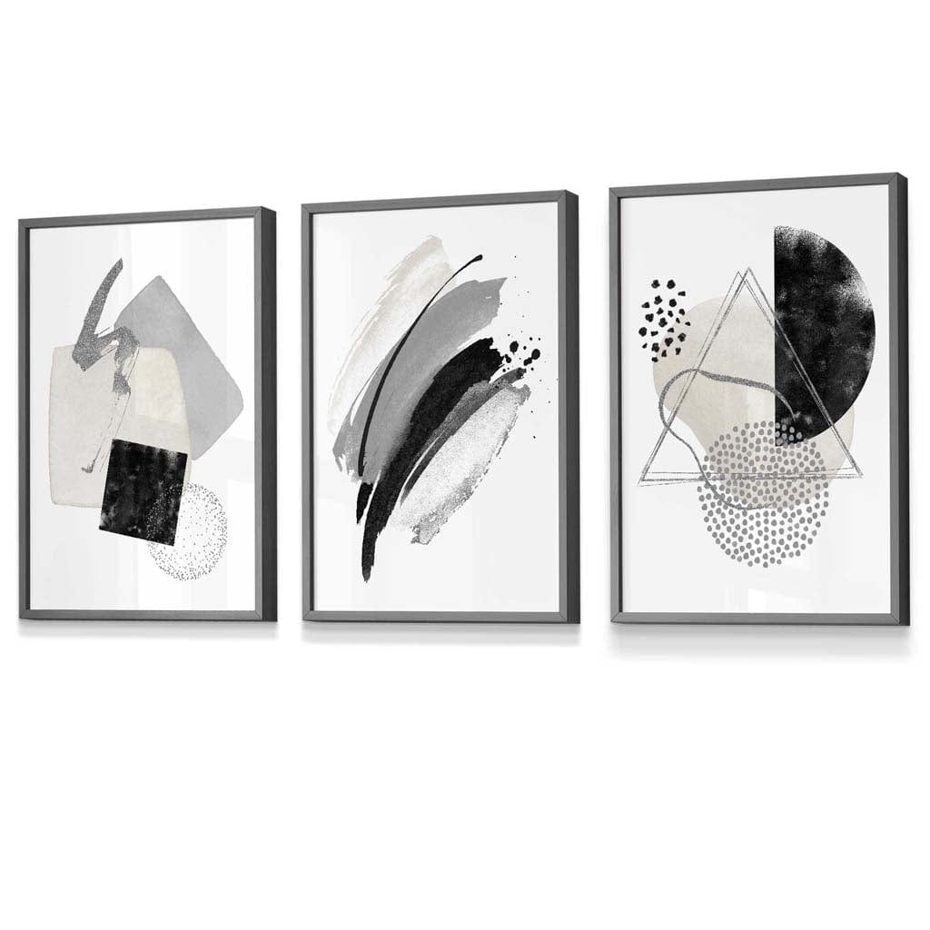 Abstract Grey Black and Silver Set of 3 Framed Wall Art Prints | Artze Wall Art UK